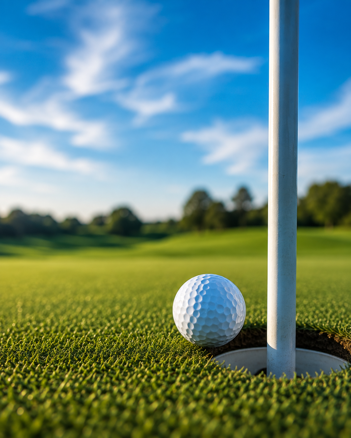 Golf ball beside the cup on a bright golf course